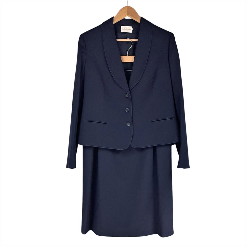 MORT SCHRADER Vintage 60s/70s Wool Skirt/Blazer Suit Set Dark Navy Blue Size 16